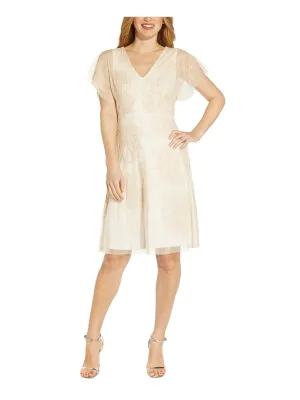 ADRIANNA PAPELL Womens Beige Embellished Zippered Lined V Back Sheer Embroidered Flutter Sleeve V Neck Knee Length Cocktail Fit   Flare Dress