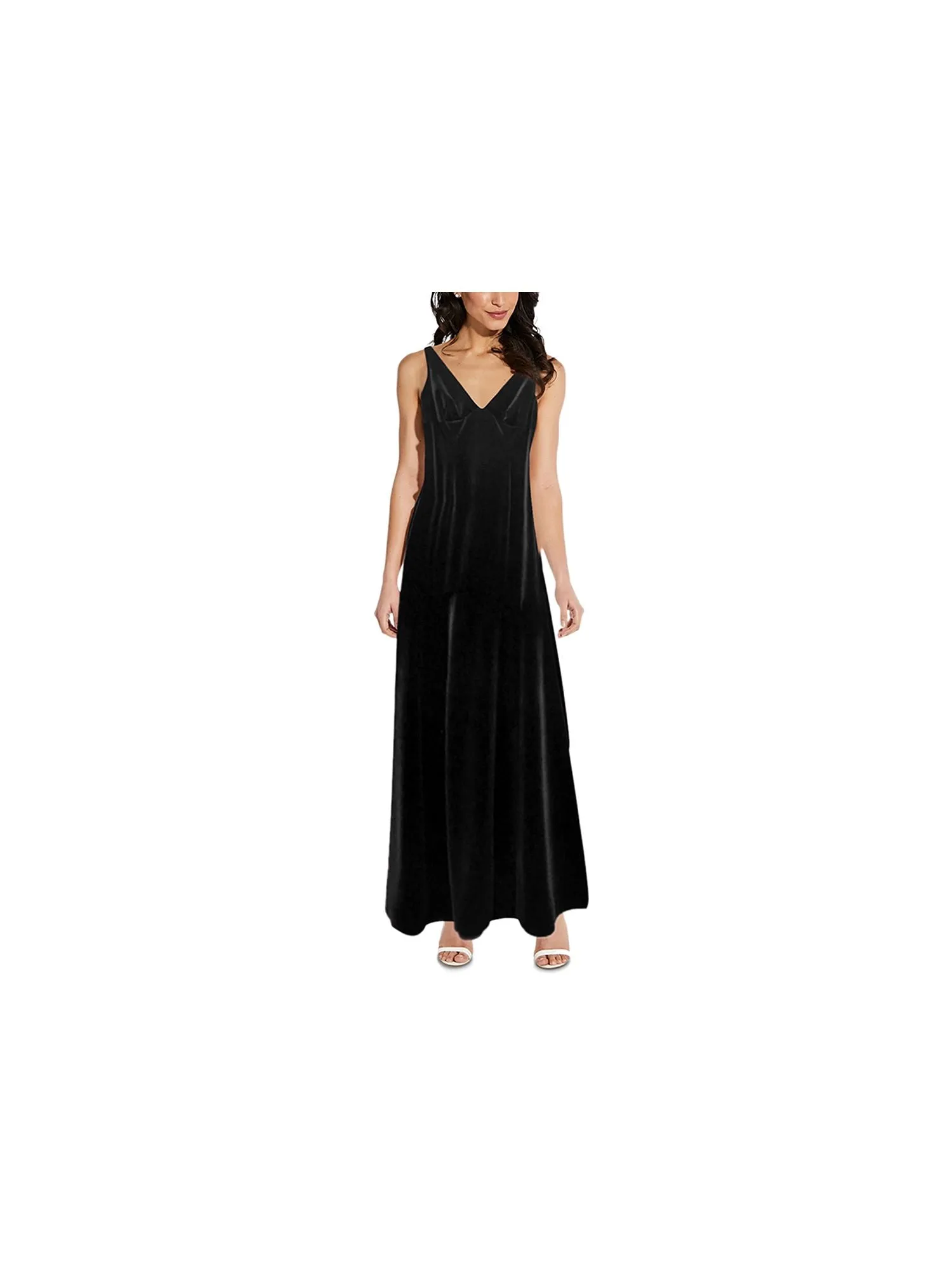 ADRIANNA PAPELL Womens Black Sleeveless V Neck Maxi Evening A-Line Dress