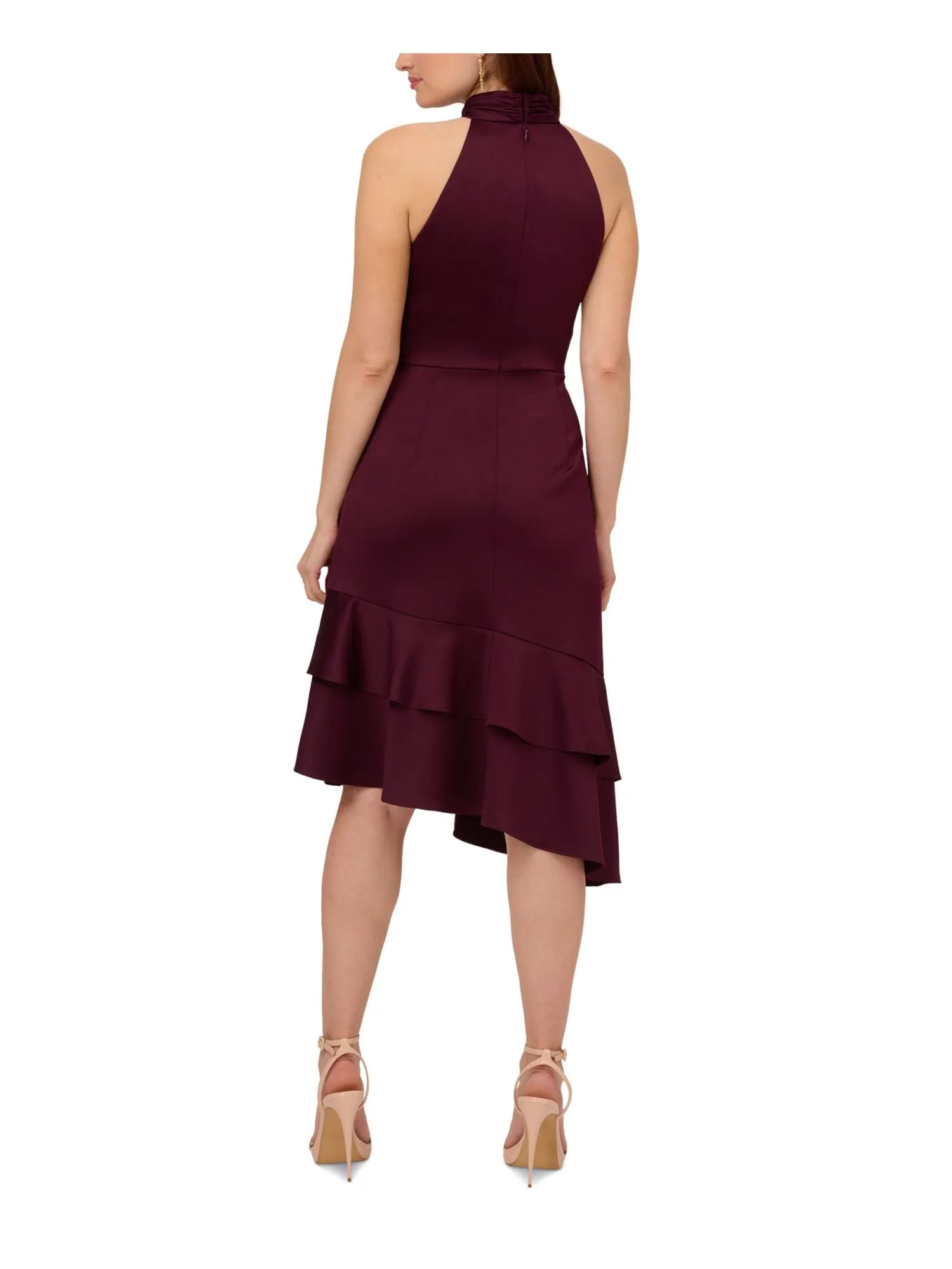 ADRIANNA PAPELL Womens Ruched Sleeveless Halter Below The Knee Party Fit   Flare Dress