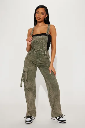 Been There Before Cargo Non Stretch Denim Overalls - Green