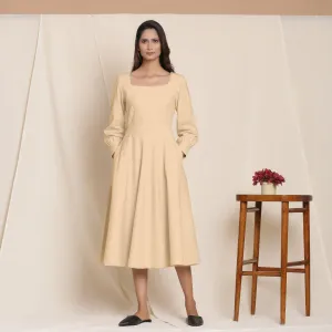 Beige Warm Cotton Flannel Fit and Flare Midi Dress