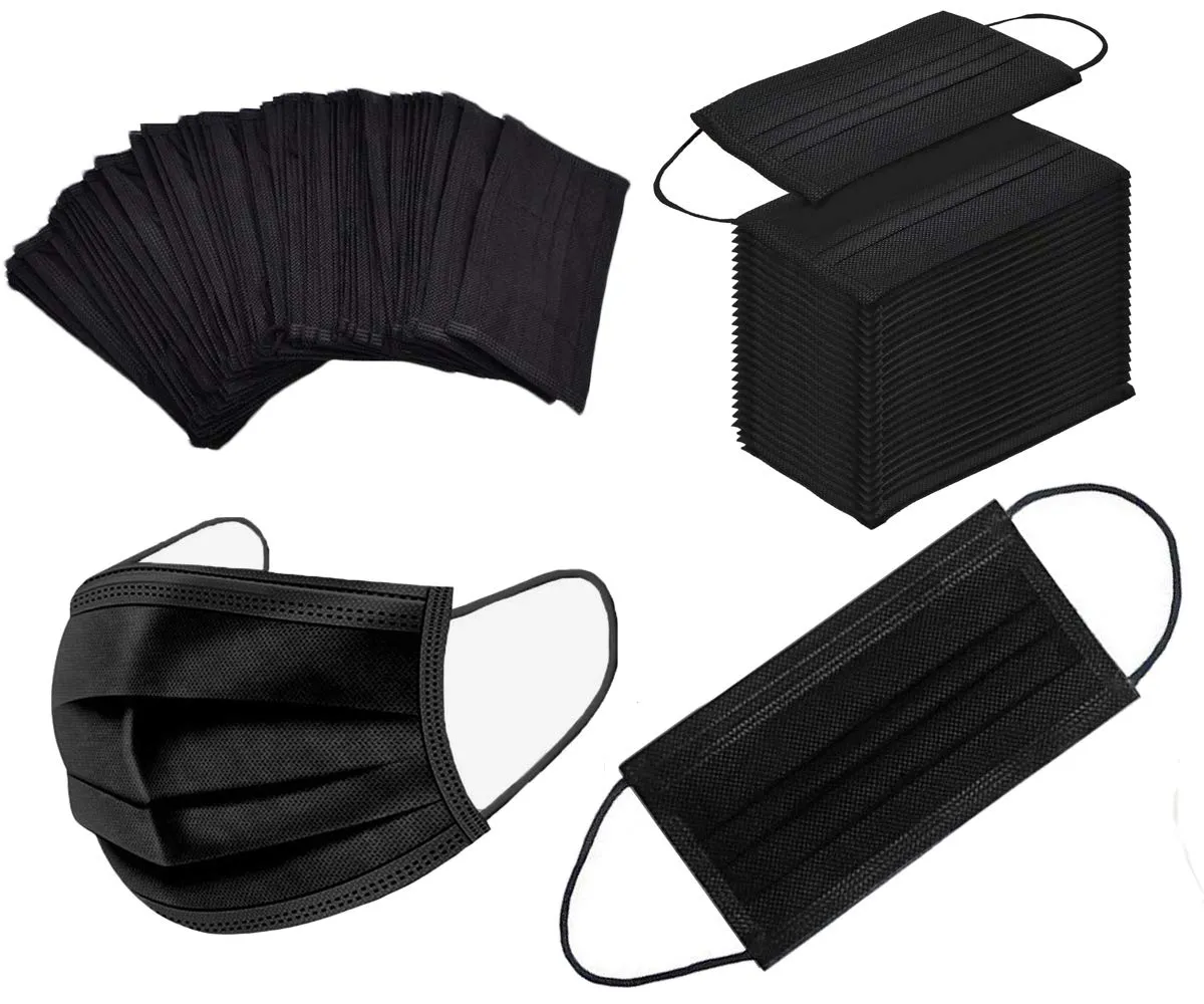 Black Disposable Face Masks 50PCS 3 Ply Breathable Filter Protection