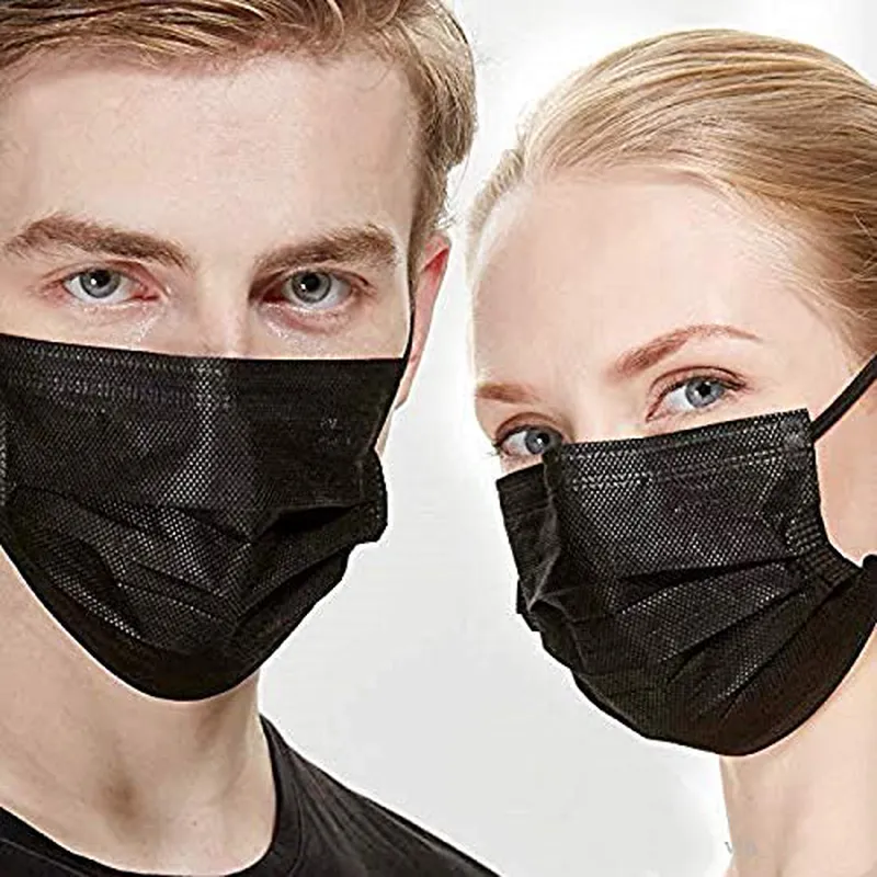 Black Disposable Face Masks 50PCS 3 Ply Breathable Filter Protection