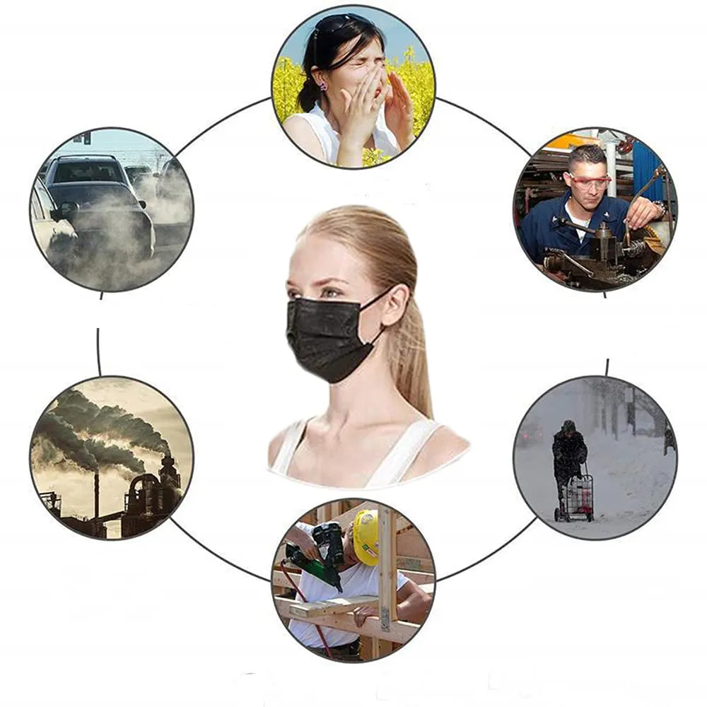 Black Disposable Face Masks 50PCS 3 Ply Breathable Filter Protection