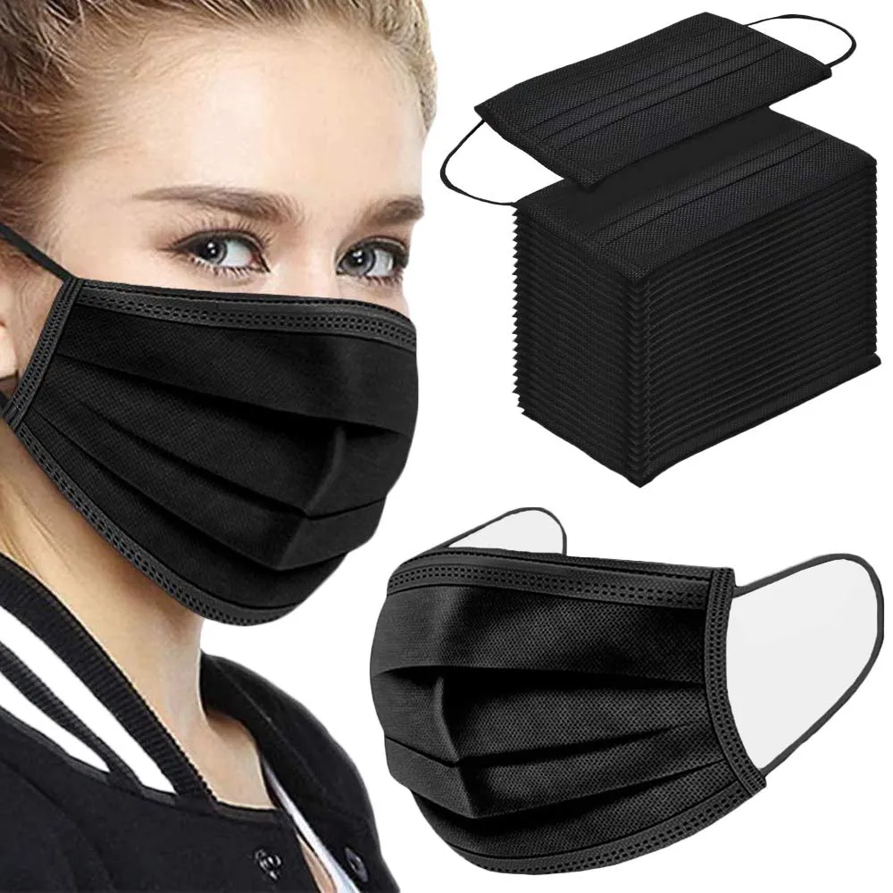 Black Disposable Face Masks 50PCS 3 Ply Breathable Filter Protection