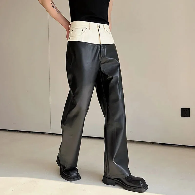 Designer Denim Matching PU Leather Color Contrast Versatile Straight Pants Wide Leg Male Trousers High Street 9A7434