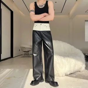 Designer Denim Matching PU Leather Color Contrast Versatile Straight Pants Wide Leg Male Trousers High Street 9A7434