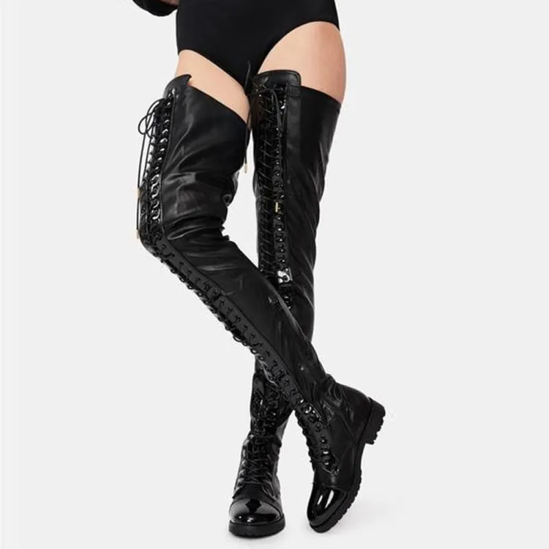 Dominatrix Thigh Length Lace Up Low Heel Boots in Black Leather