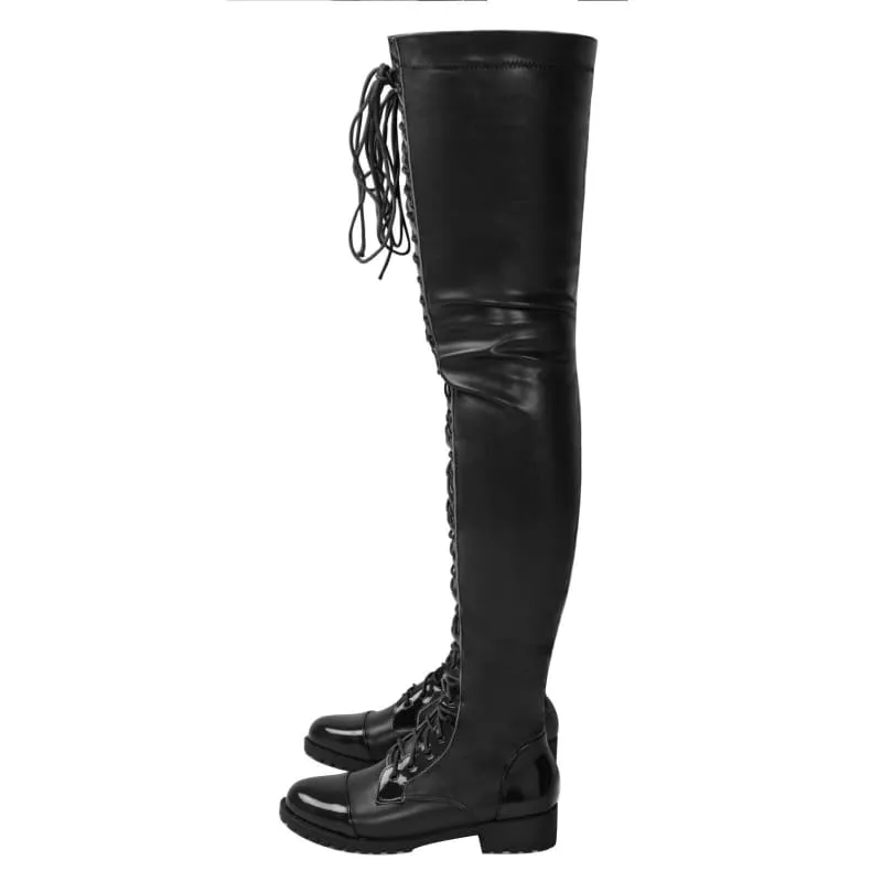 Dominatrix Thigh Length Lace Up Low Heel Boots in Black Leather