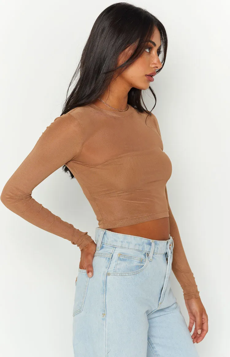 Evermore Beige Mesh Long Sleeve Top