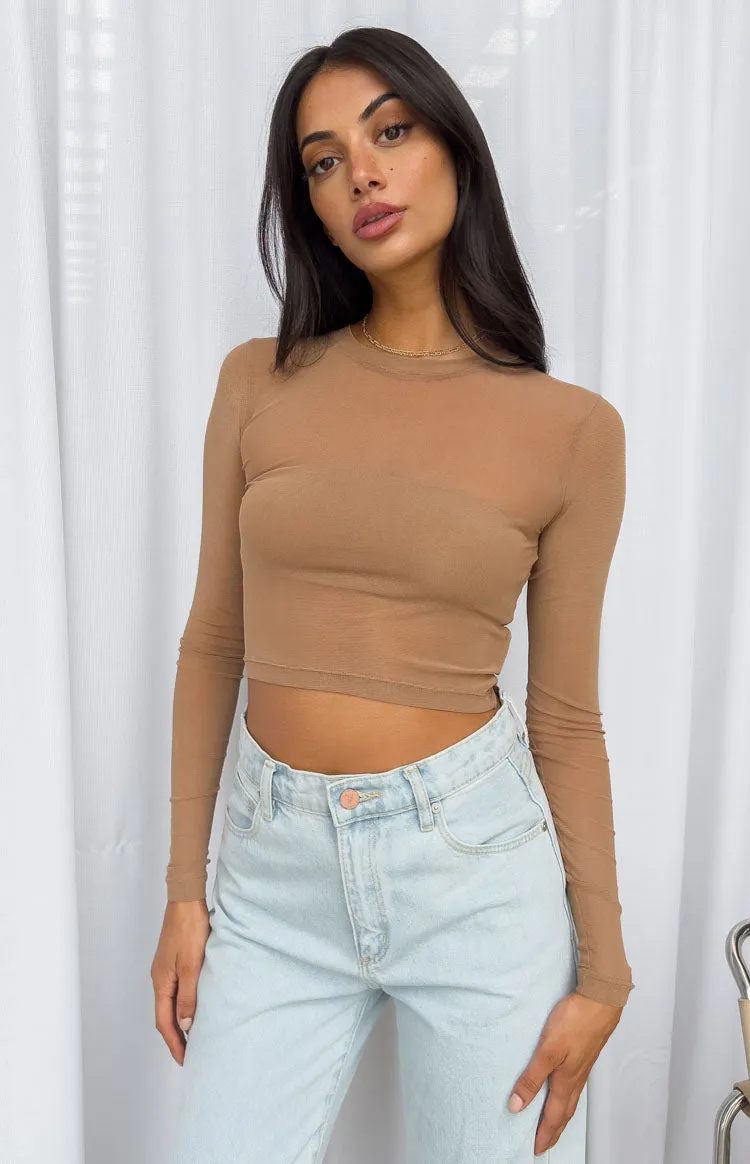 Evermore Beige Mesh Long Sleeve Top