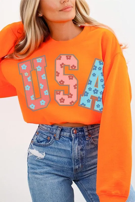 Floral USA Oversized Graphic Fleece Sweatshirts