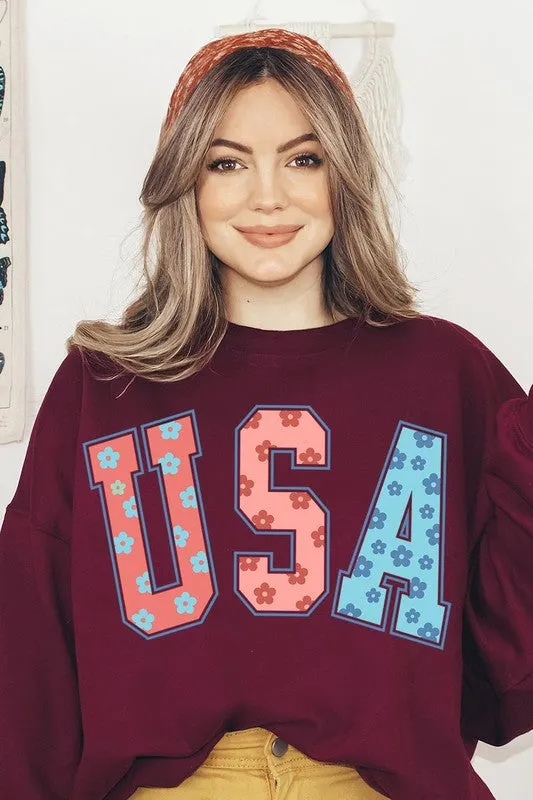 Floral USA Oversized Graphic Fleece Sweatshirts