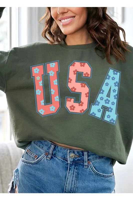 Floral USA Oversized Graphic Fleece Sweatshirts