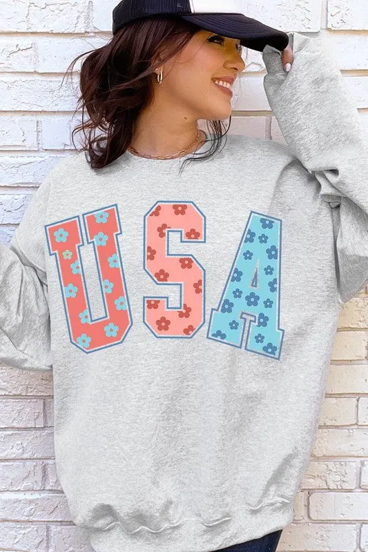 Floral USA Oversized Graphic Fleece Sweatshirts