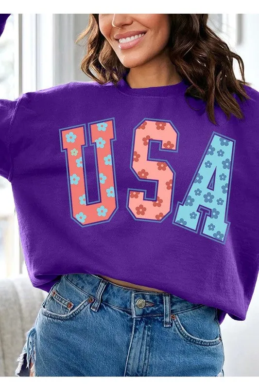 Floral USA Oversized Graphic Fleece Sweatshirts