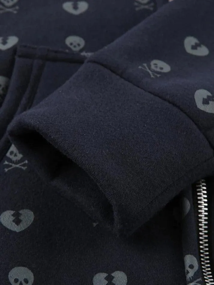 Joskaa Lined Detail Skull Heart Zip Up Hoodie