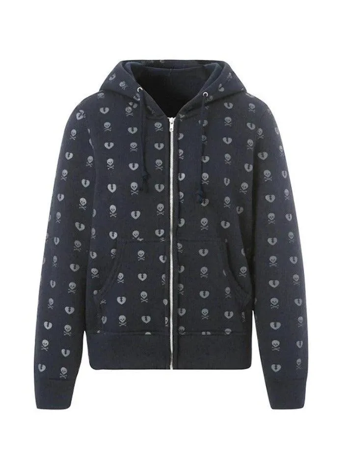 Joskaa Lined Detail Skull Heart Zip Up Hoodie