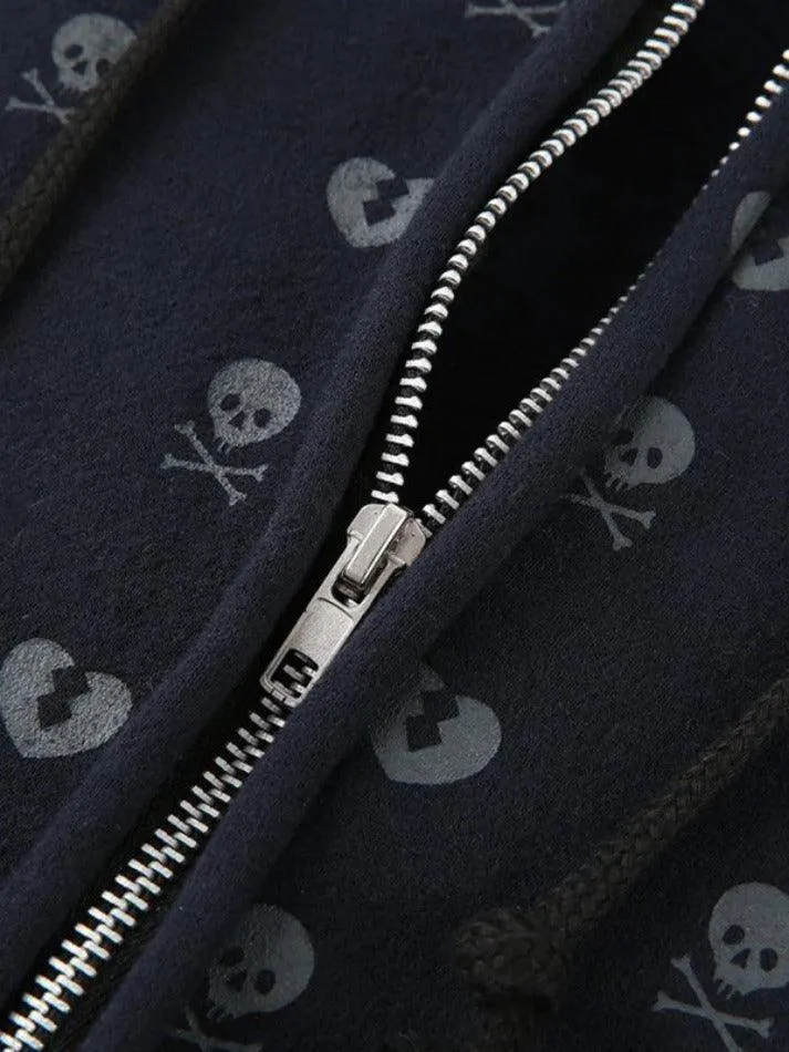 Joskaa Lined Detail Skull Heart Zip Up Hoodie