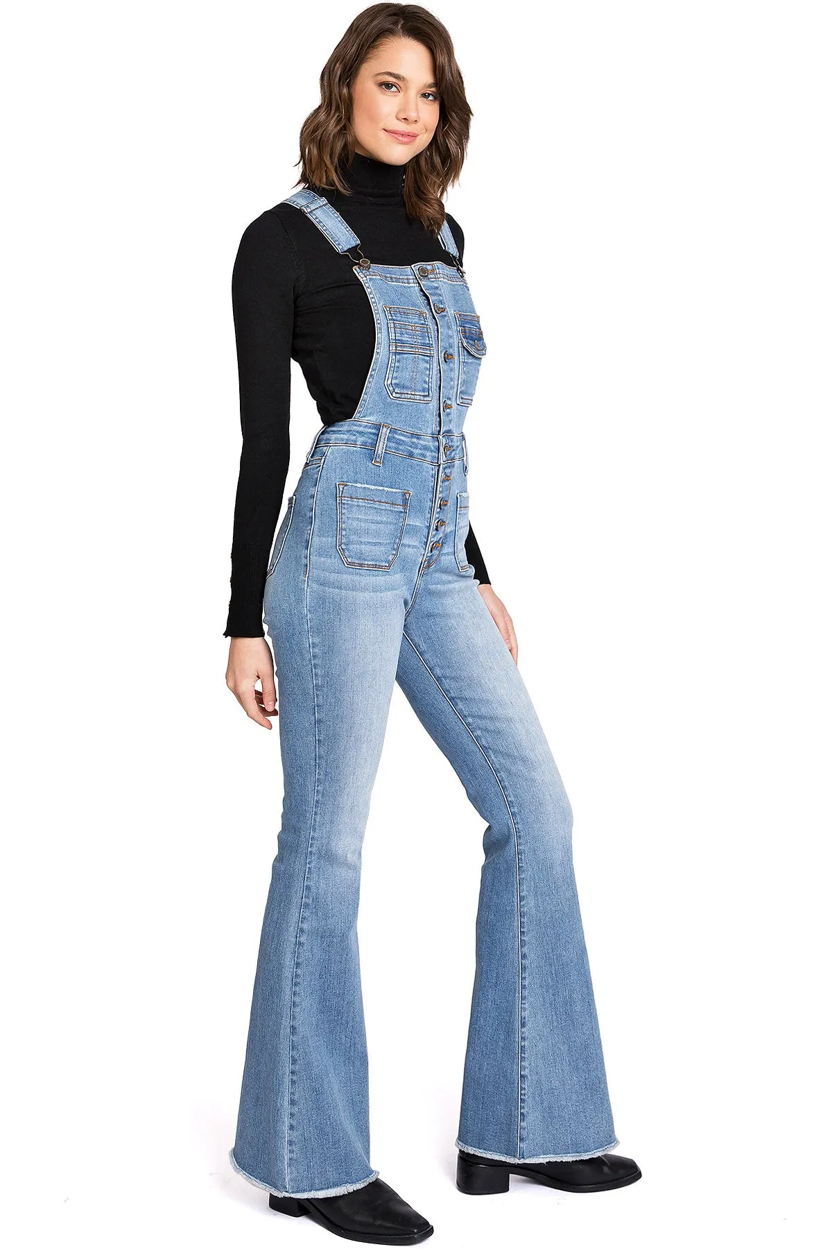 Lana Roux Star Print Button Denim Flare Overalls