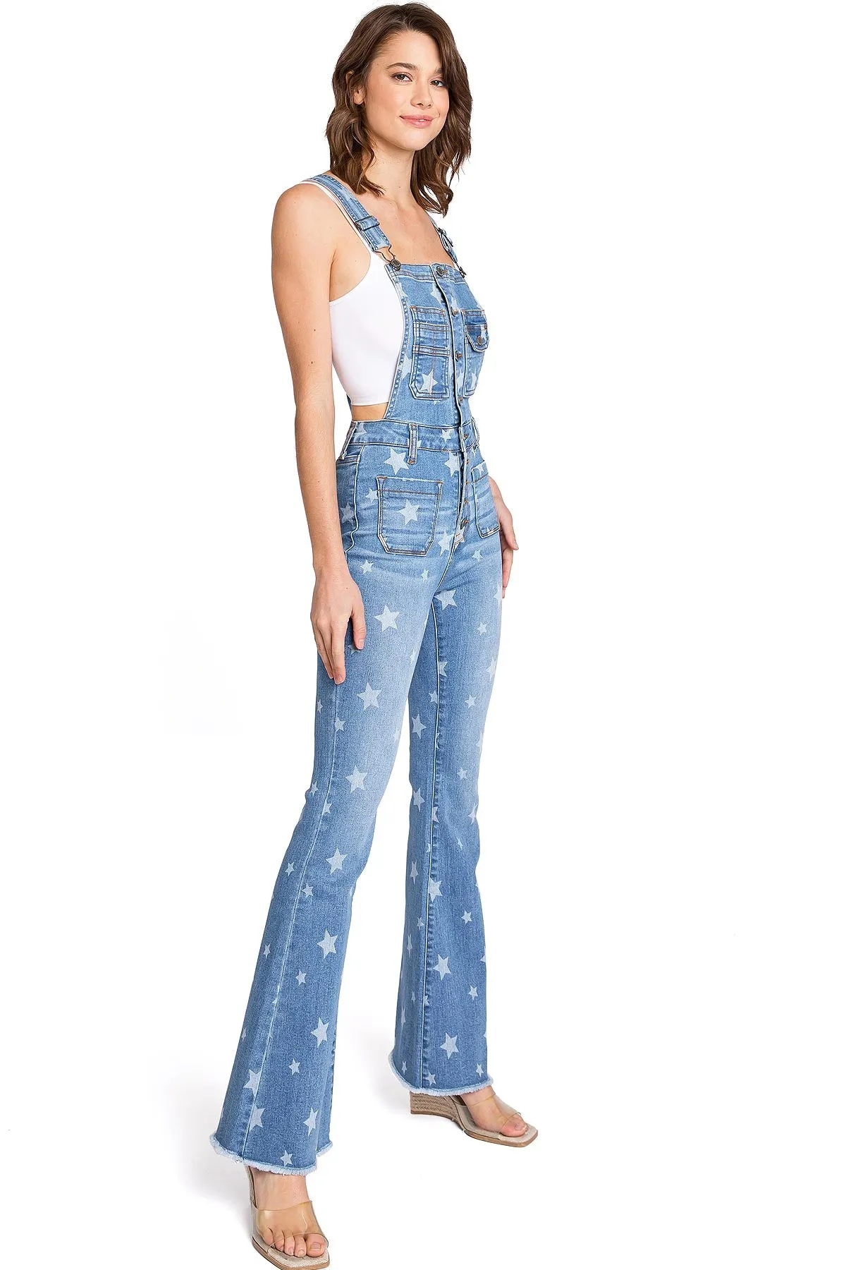 Lana Roux Star Print Button Denim Flare Overalls