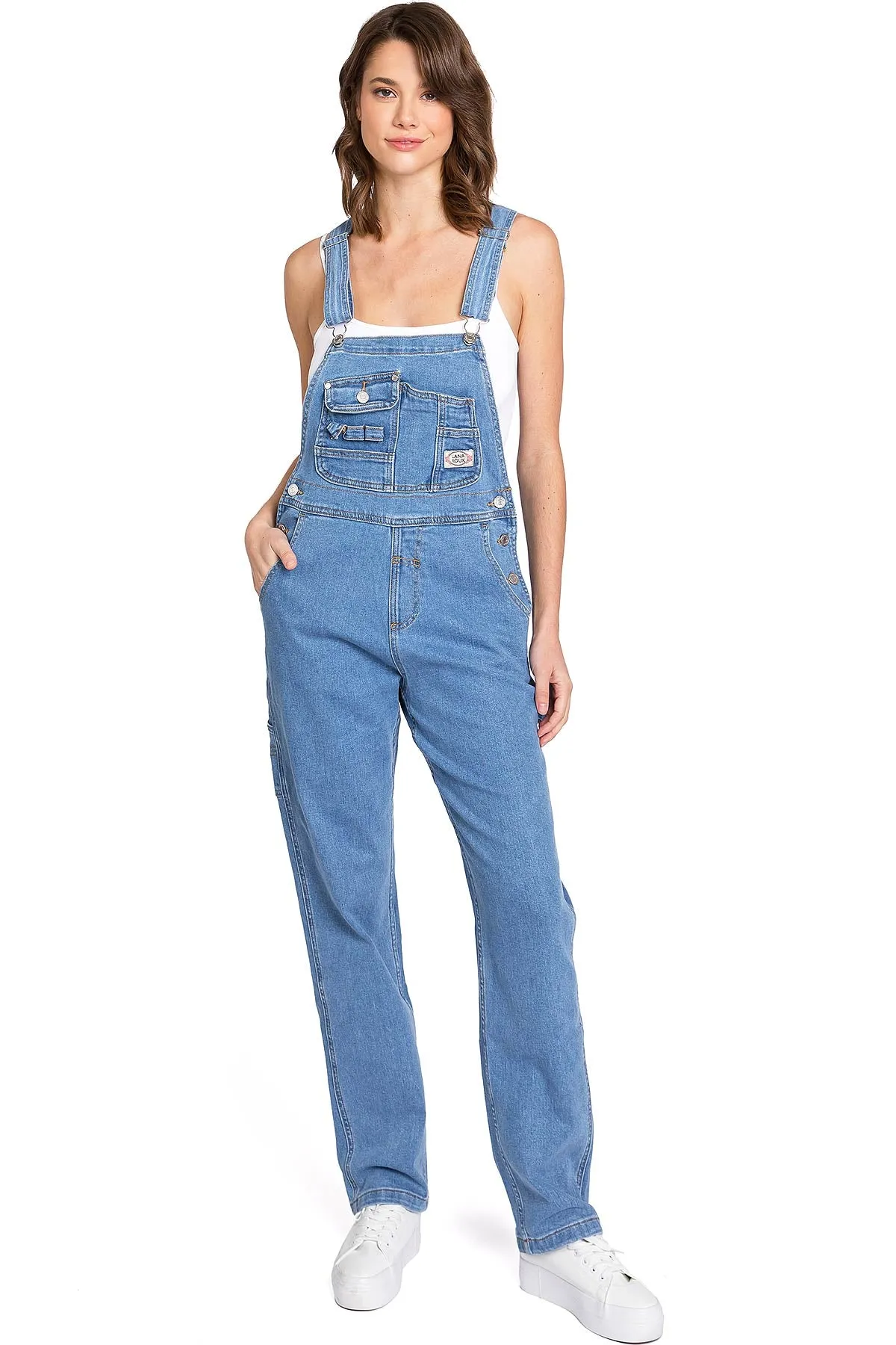 Lana Roux Stretchy Denim Straight-Leg Jean Overalls