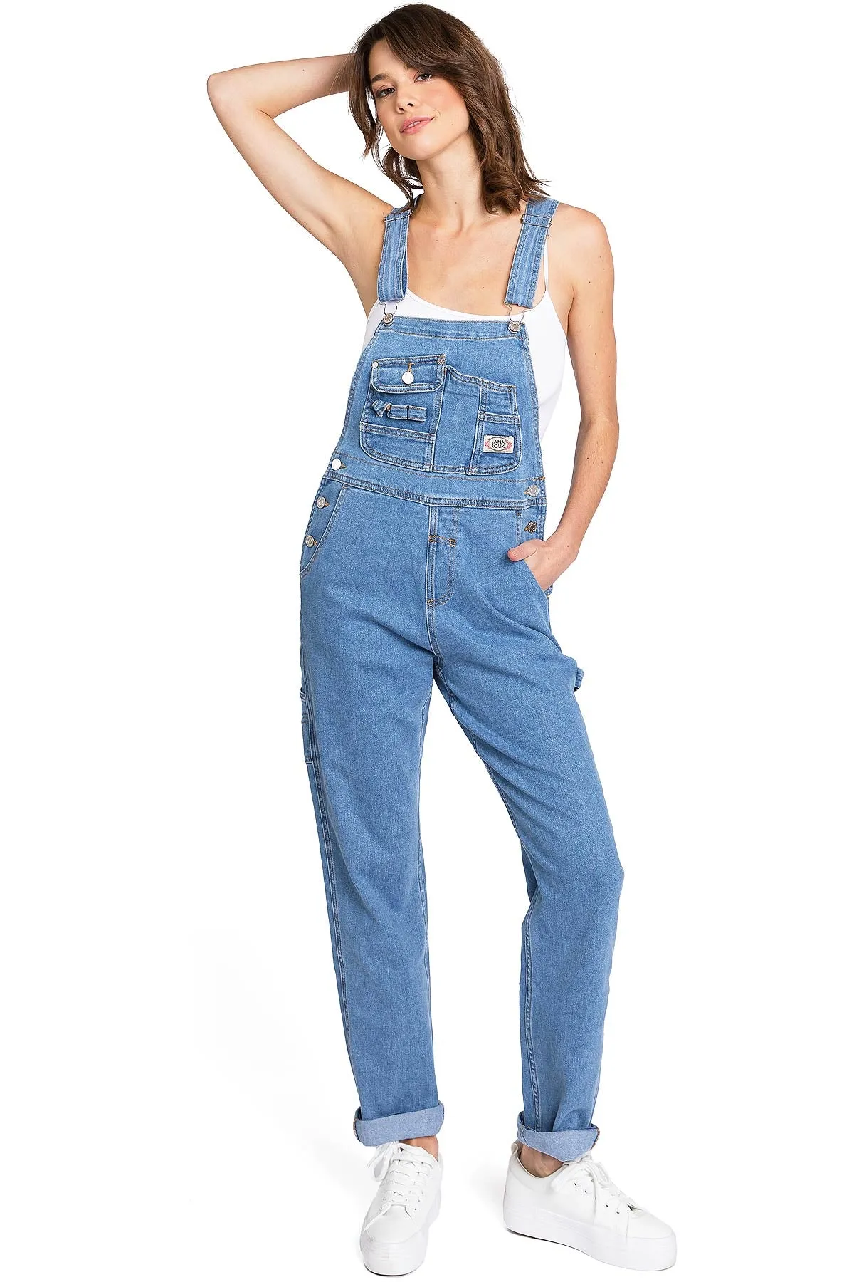 Lana Roux Stretchy Denim Straight-Leg Jean Overalls