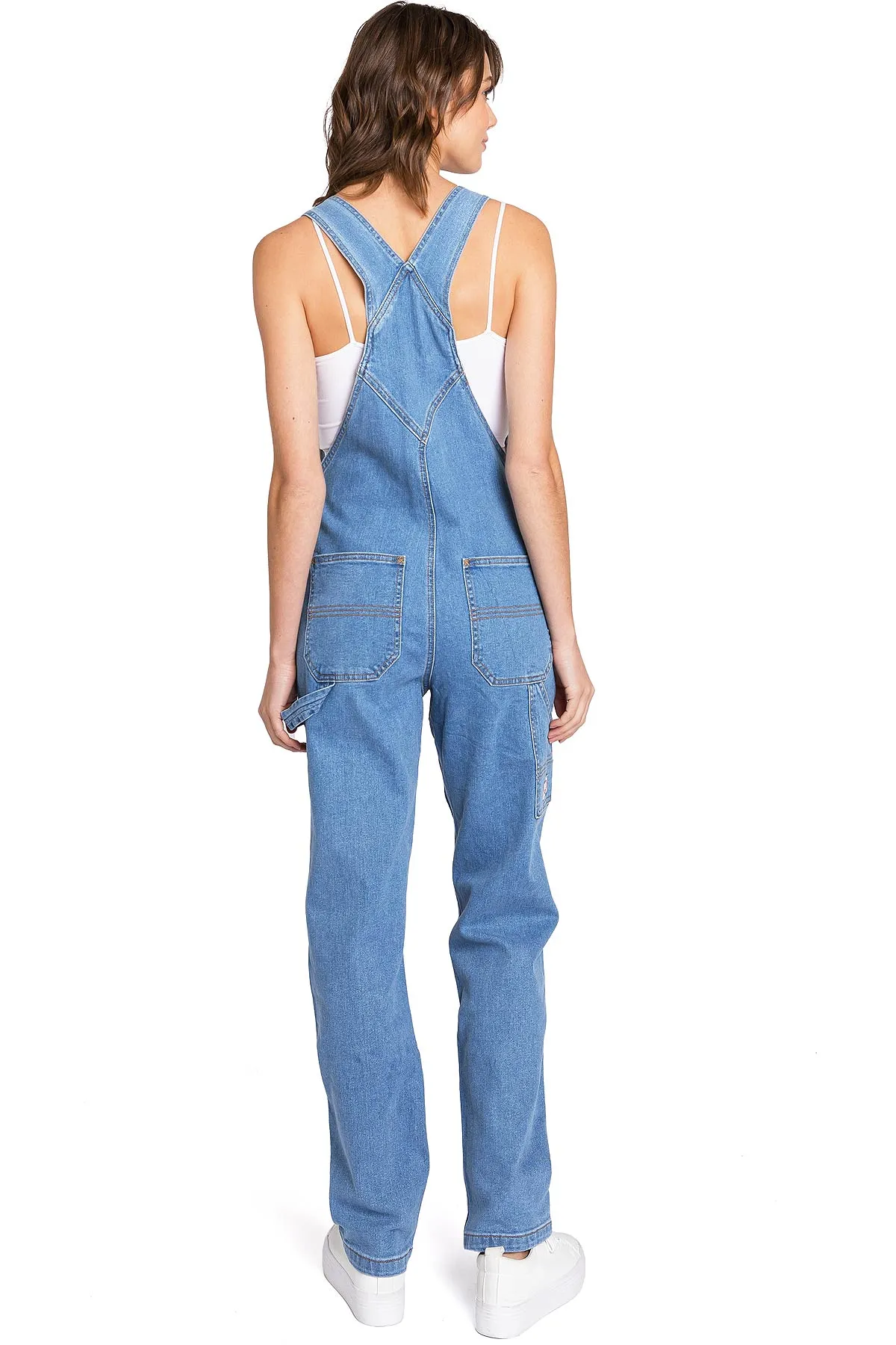 Lana Roux Stretchy Denim Straight-Leg Jean Overalls