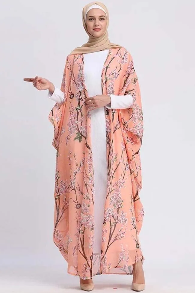 LEANA PEACH OVERSIZED FLORAL PRINT KIMONO BLOUSE