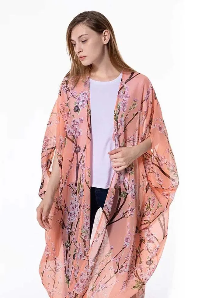 LEANA PEACH OVERSIZED FLORAL PRINT KIMONO BLOUSE