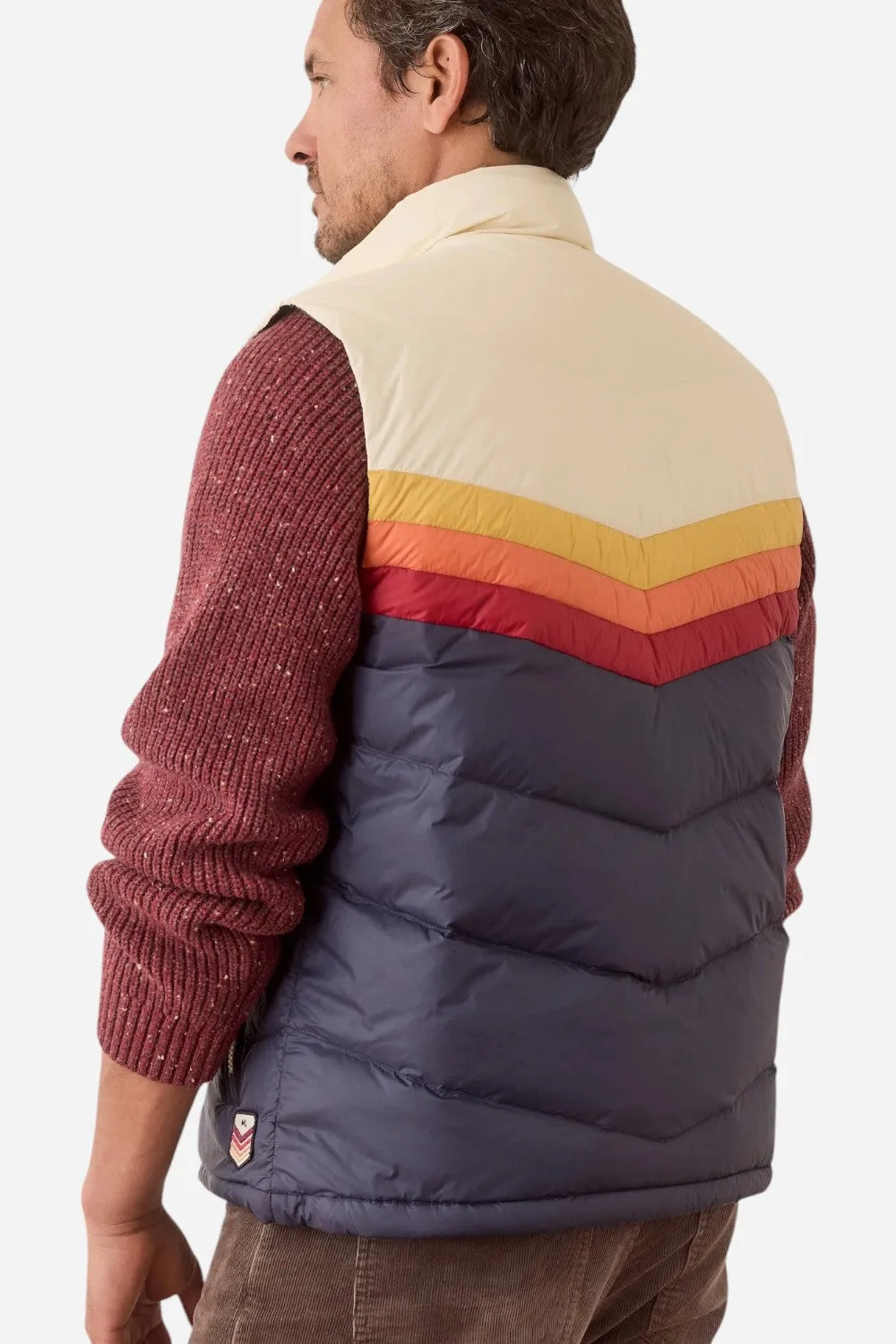 Marine Layer Archive Boreal Puffer Vest in Navy Sunset Colorblock