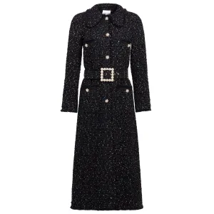 Navy   Black Melange Tweed Belted Trench Coat