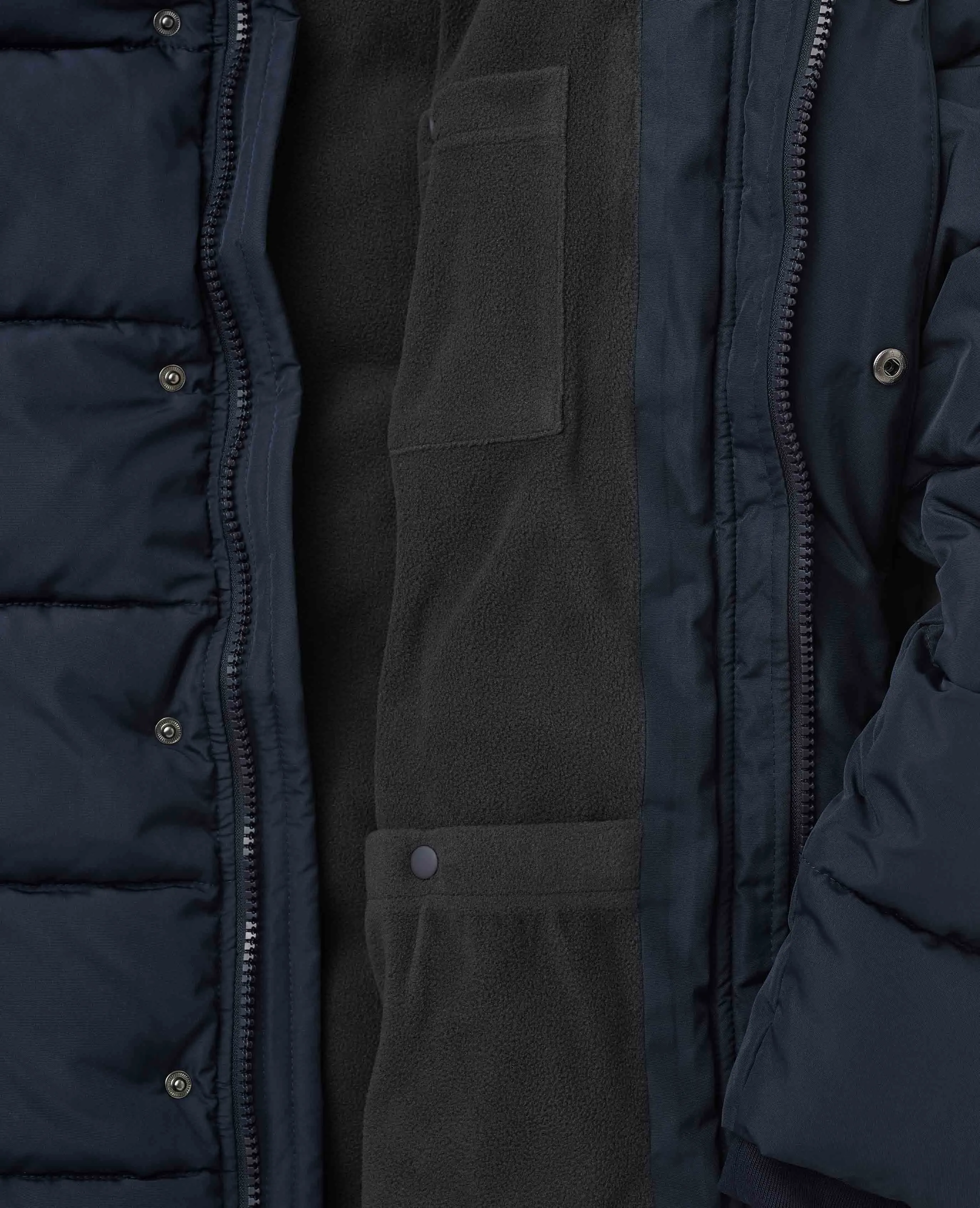 Navy Hooded Puffer Jacket with Rib Knit Storm Cuffs