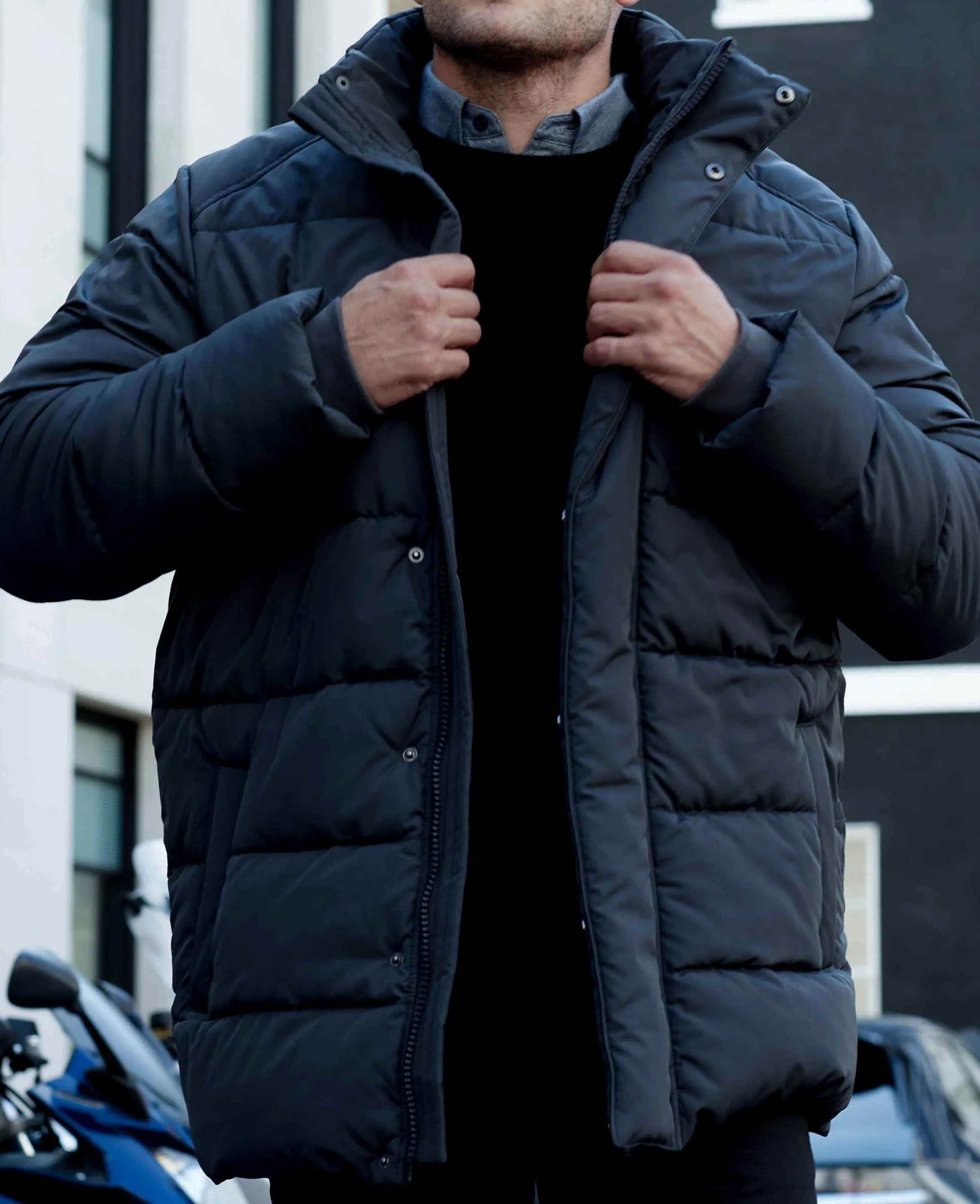 Navy Hooded Puffer Jacket with Rib Knit Storm Cuffs