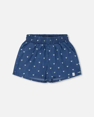 Printed Chambray Short Navy Blue And White Hearts