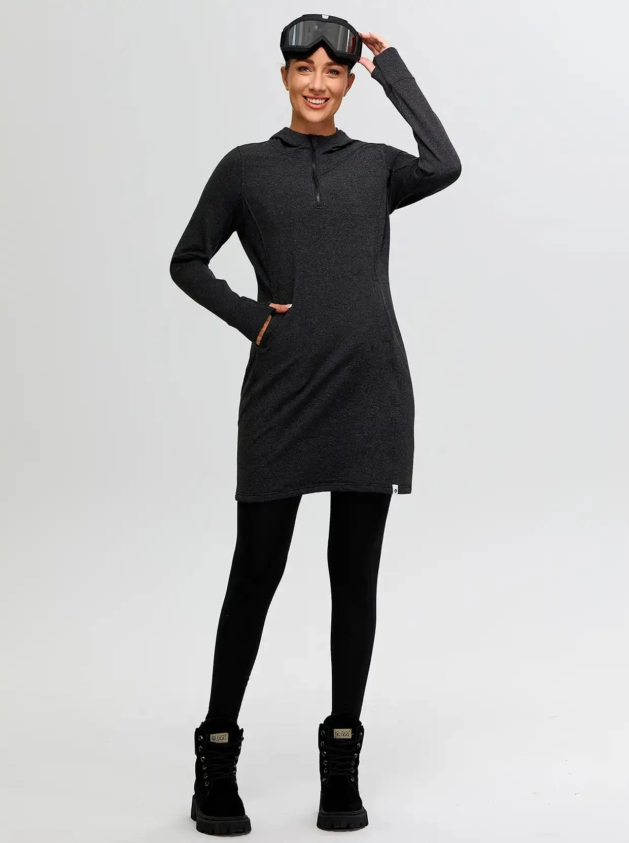 Quarter-zip Hooded Long-sleeve Fleece Dress for Women