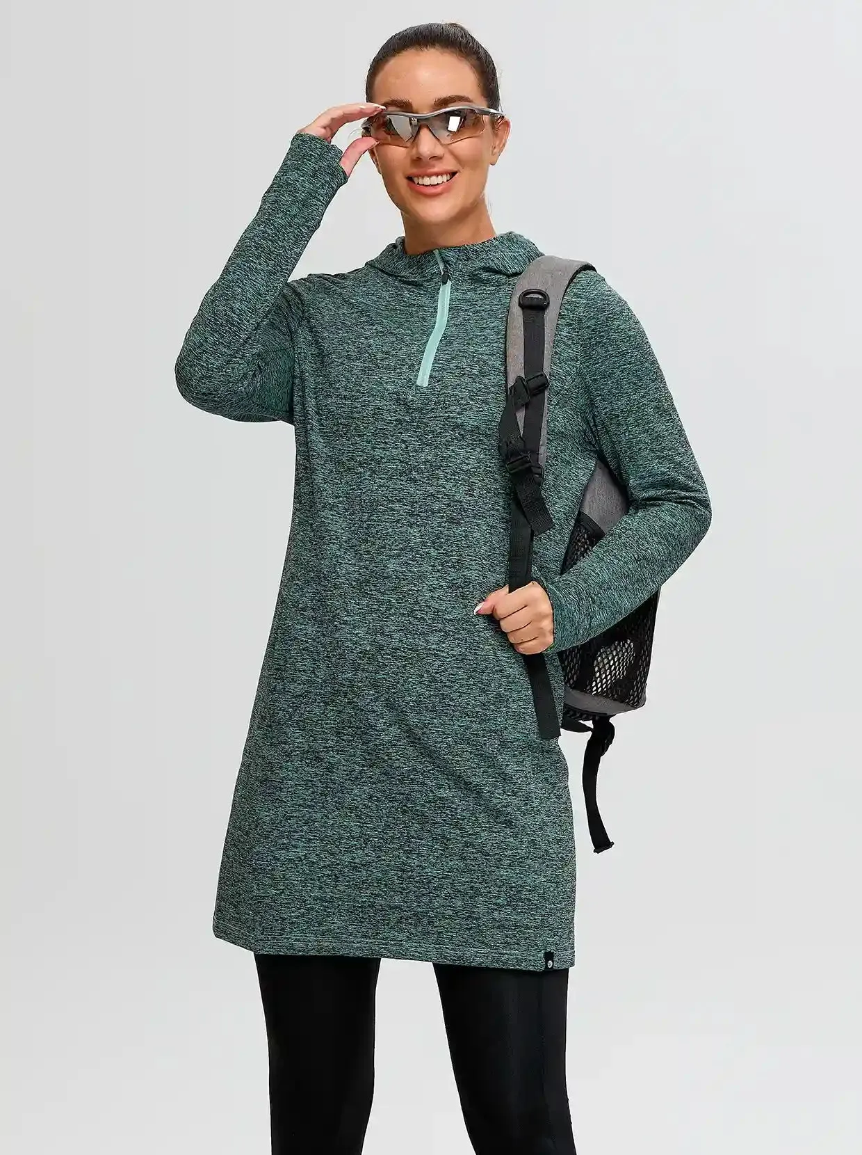 Quarter-zip Hooded Long-sleeve Fleece Dress for Women