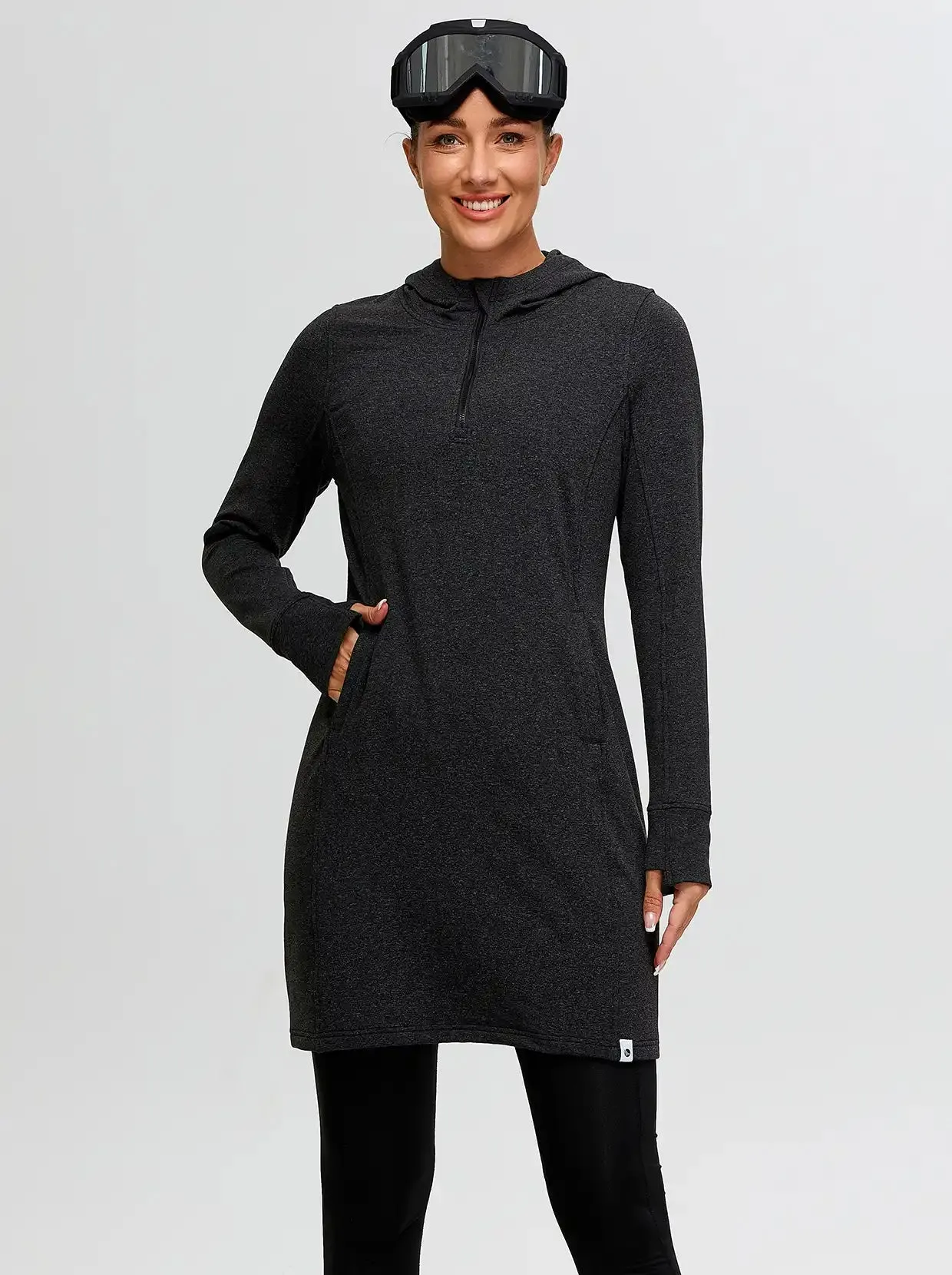 Quarter-zip Hooded Long-sleeve Fleece Dress for Women