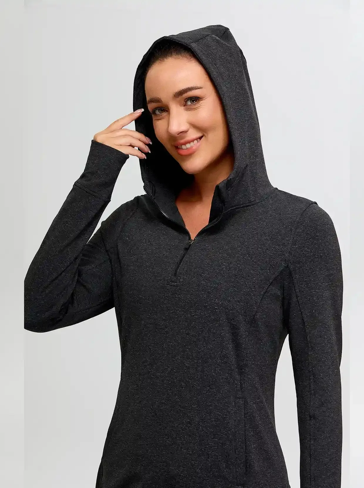 Quarter-zip Hooded Long-sleeve Fleece Dress for Women