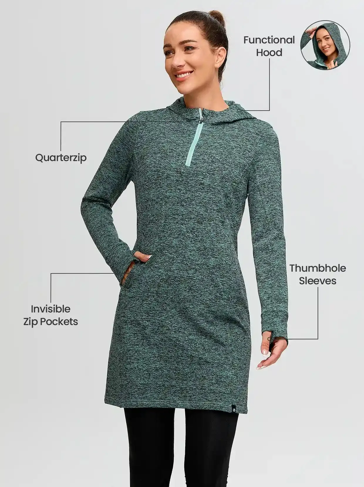 Quarter-zip Hooded Long-sleeve Fleece Dress for Women