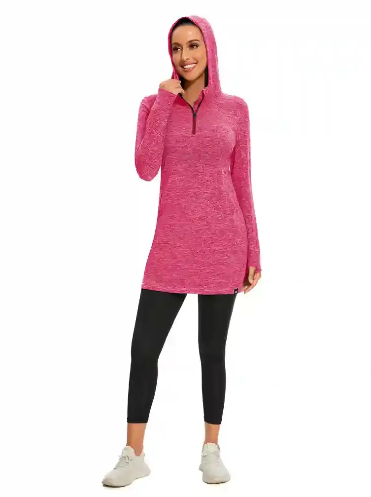 Quarter-zip Hooded Long-sleeve Fleece Dress for Women