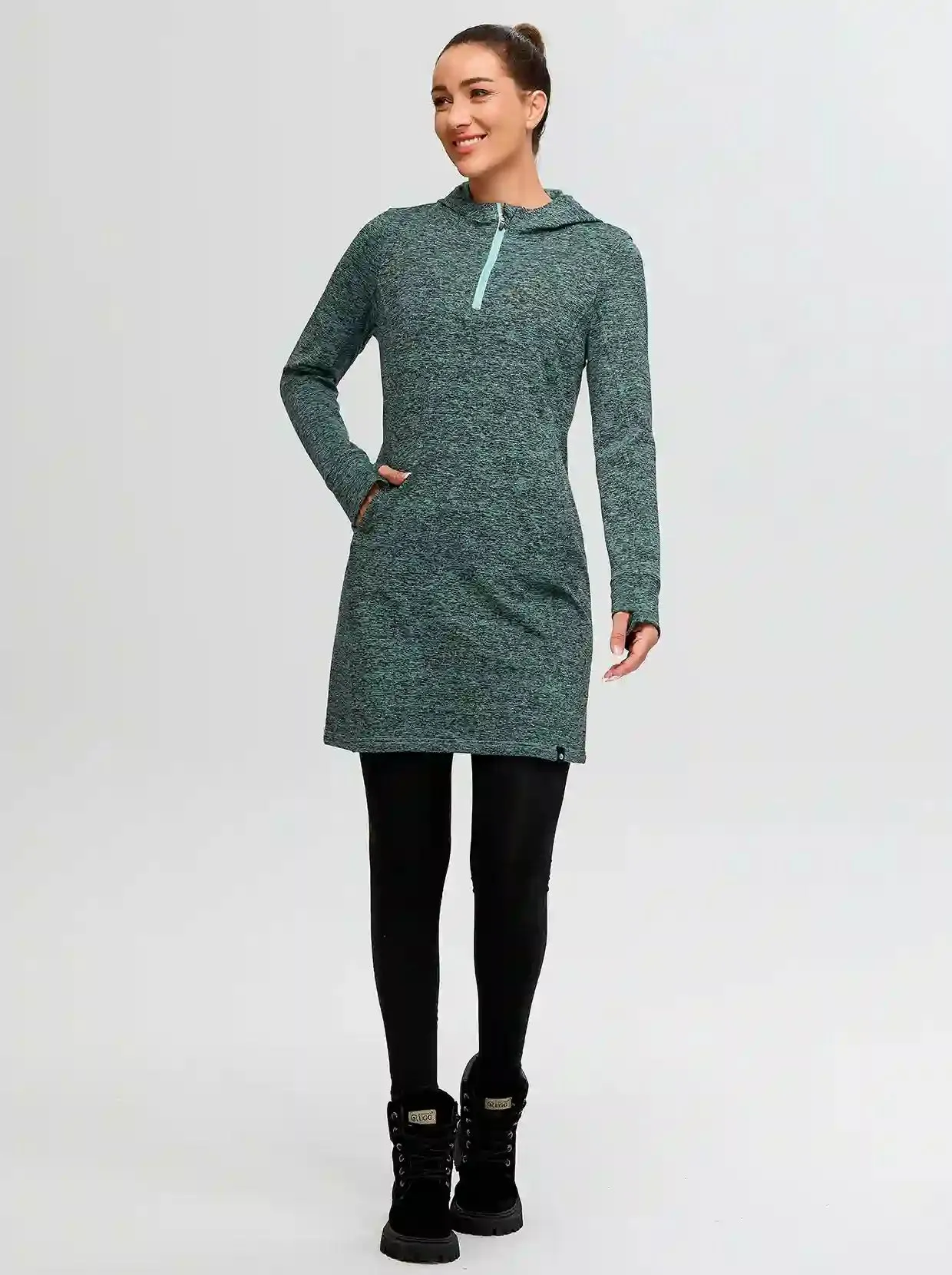 Quarter-zip Hooded Long-sleeve Fleece Dress for Women