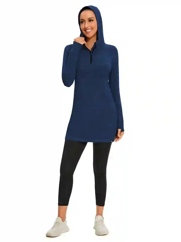 Quarter-zip Hooded Long-sleeve Fleece Dress for Women