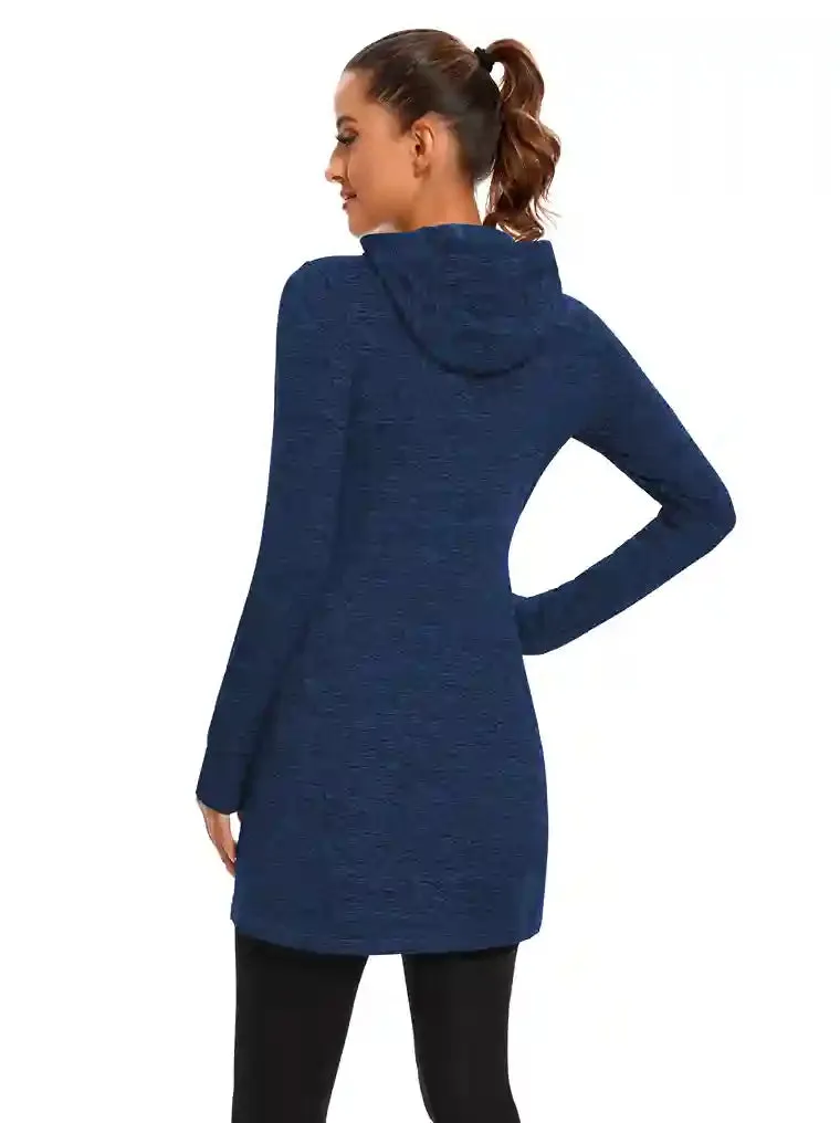 Quarter-zip Hooded Long-sleeve Fleece Dress for Women