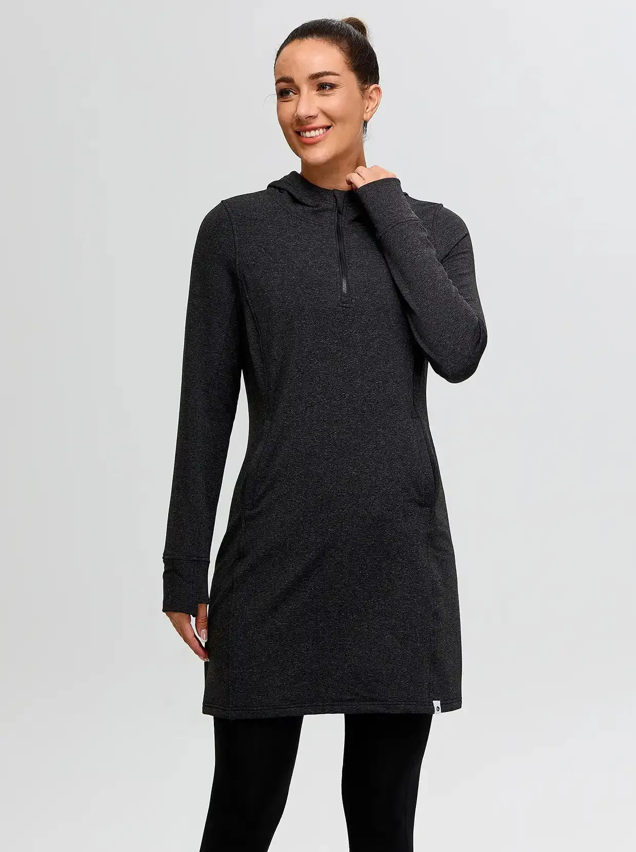 Quarter-zip Hooded Long-sleeve Fleece Dress for Women