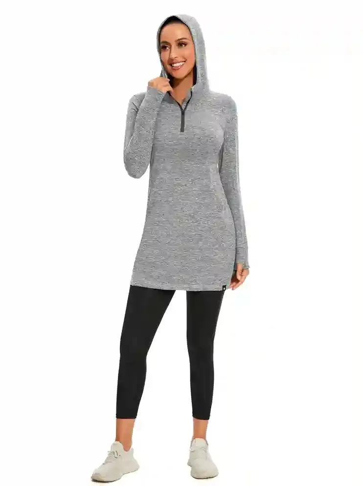 Quarter-zip Hooded Long-sleeve Fleece Dress for Women