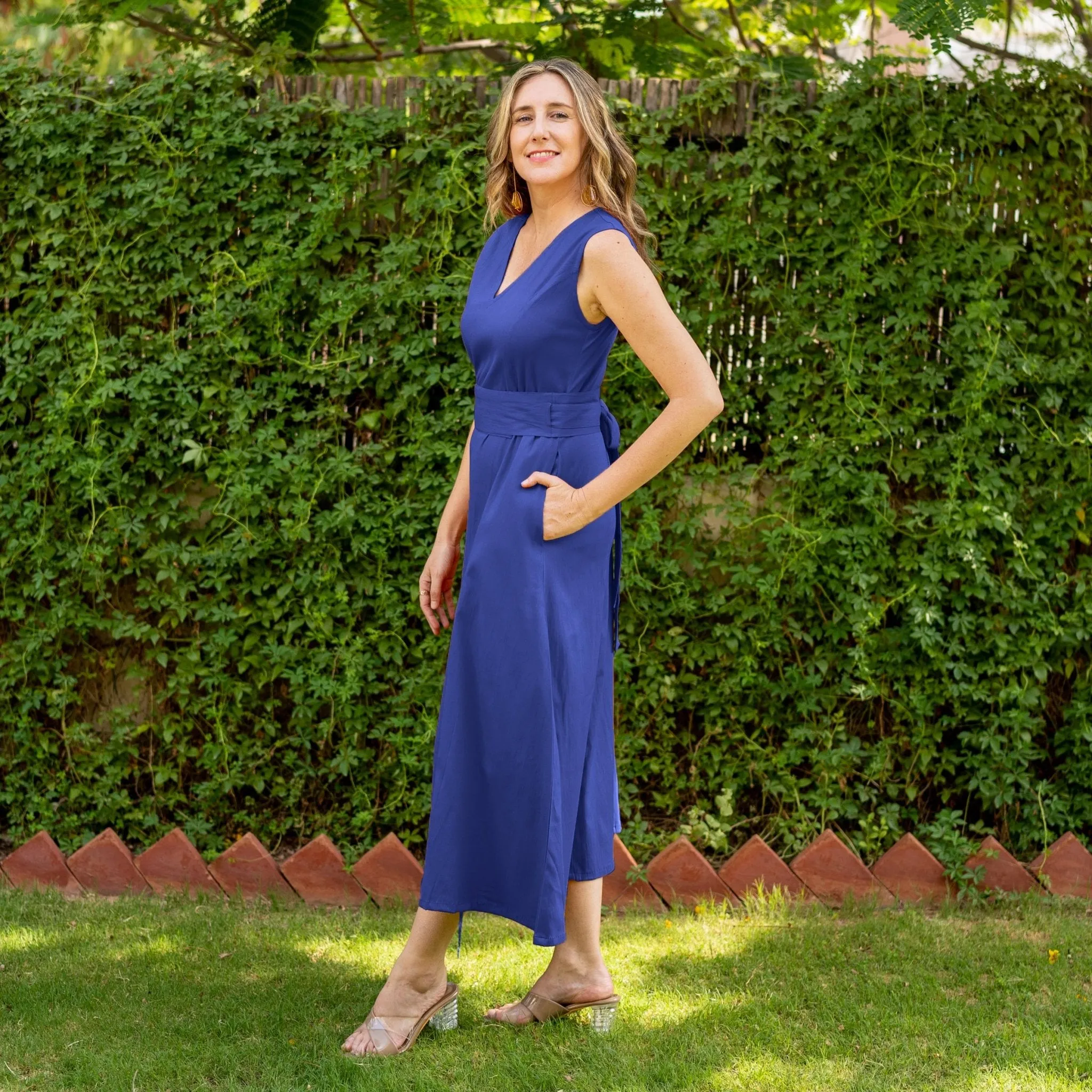 Royal Blue Cotton V-Neck Sleeveless Maxi Dress