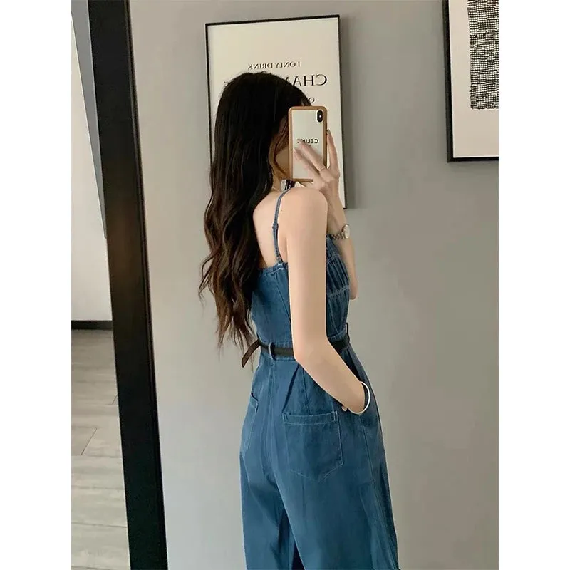 Streetwear Denim Overalls Women Belt Wide Leg Jumpsuits Korean Suspender Pants High Waist Sleeveless Strap Jeans Trousers