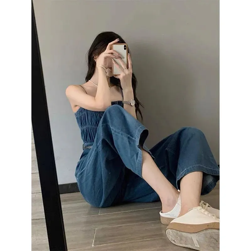 Streetwear Denim Overalls Women Belt Wide Leg Jumpsuits Korean Suspender Pants High Waist Sleeveless Strap Jeans Trousers