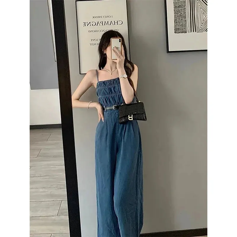 Streetwear Denim Overalls Women Belt Wide Leg Jumpsuits Korean Suspender Pants High Waist Sleeveless Strap Jeans Trousers